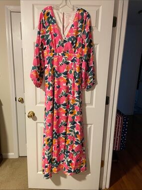 Floral Pink V-Neck Long Sleeve Maxi Dress